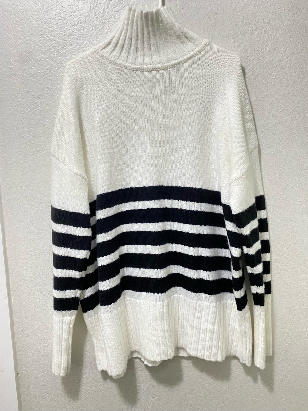 White & Black Striped Turtleneck Sweater - Women